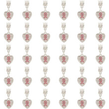 30 ciondoli a forma di cuore con nastro rosa e strass per la creazione di gioielli fai da te a tema sensibilizzazione sul cancro al seno.