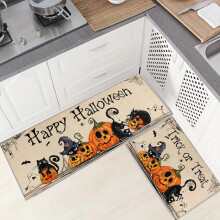 Set di 2 tappetini da cucina per Halloween, con zucche e gatti neri, antiscivolo e lavabili, ideali per decorare la casa e come accessori per
