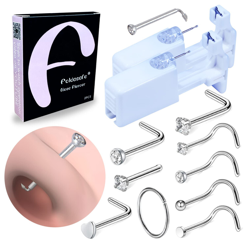 Nose Piercing Kit with Hypoallergenic Stainless Steel Studs, 2PCS Disposable Nose Piercing Gun