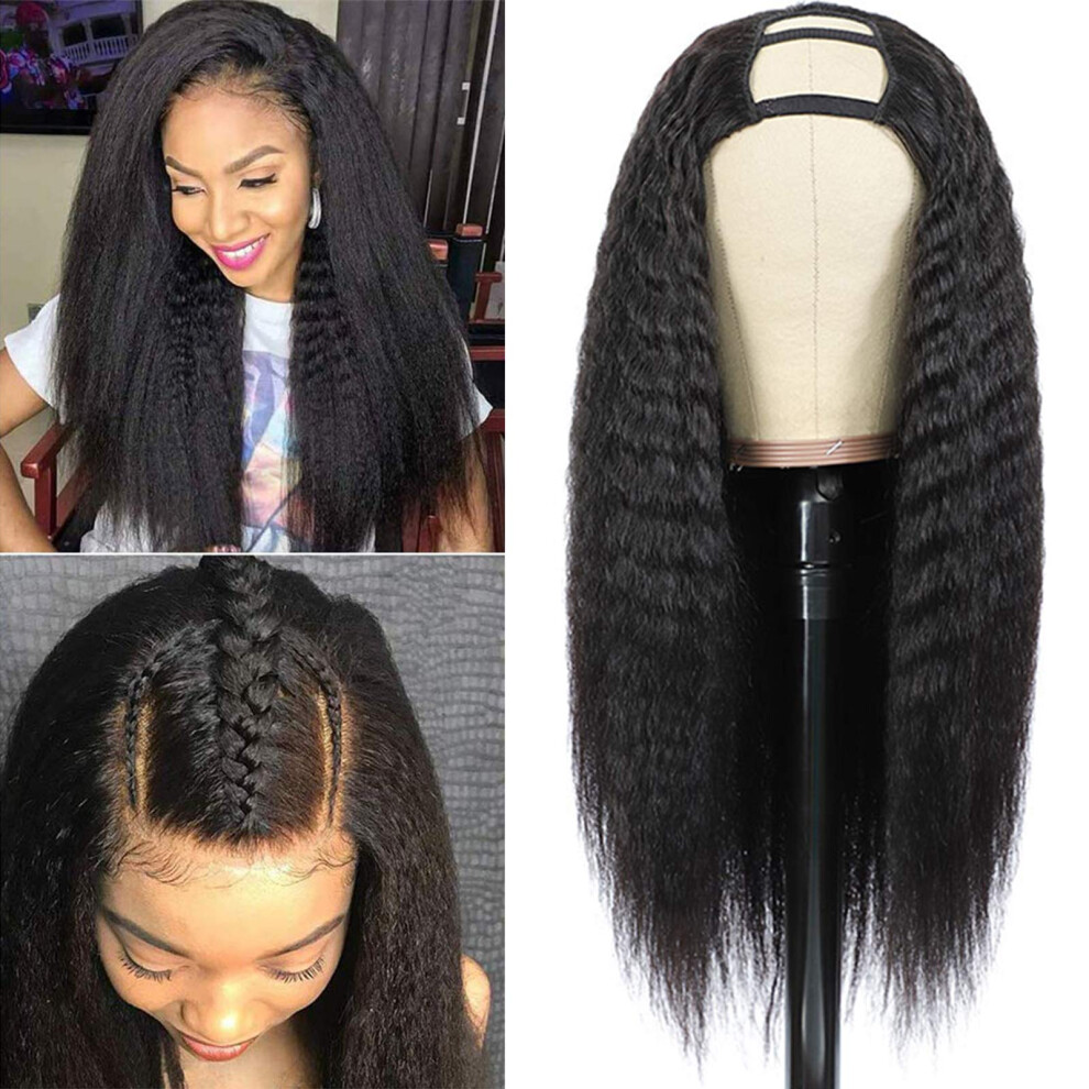 U Part Wig Kinky Straight Human Hair 180% Density Glueless Natural Black 22inch