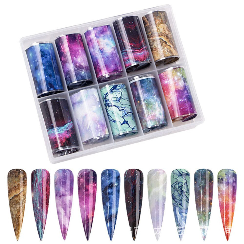 Nail Art Foil Stickers 10 Rolls Marble and Holographic Starry Sky Retro Pattern Nail Transfer Foils