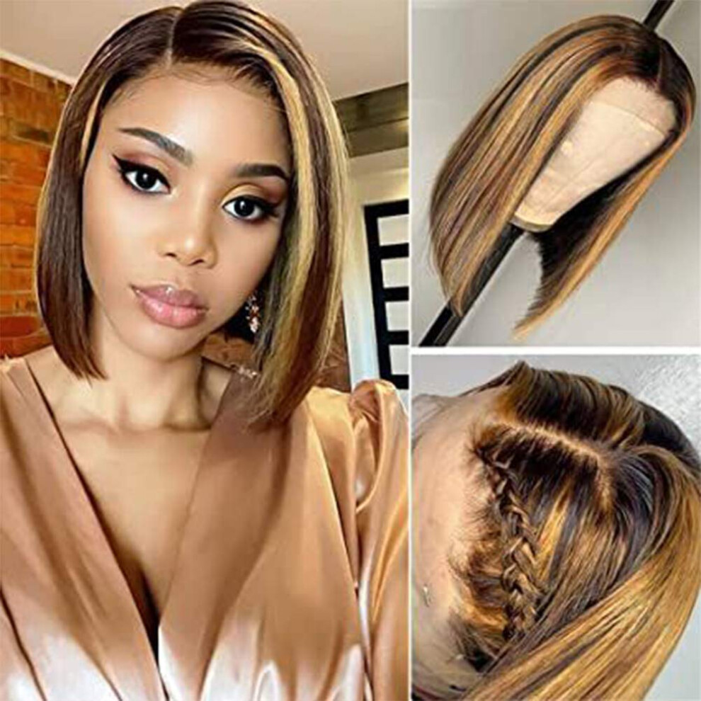 Unisex 10 Inch Brazilian Straight Bob Wig Lace Front Human Hair Ombre Honey Blonde Glueless Natural Hairline