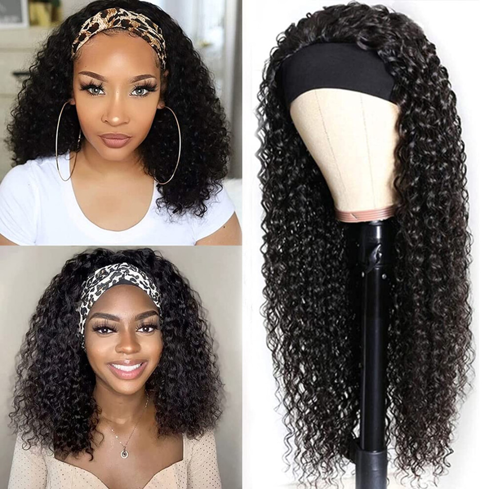 Unisex Black 20 Inch Curly Human Hair Headband Wig, 180% Density Glueless Design For Women