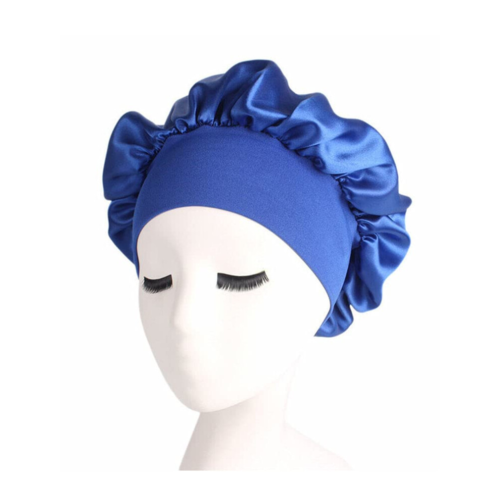 Reversible Satin Sleep Cap for Curly Hair with Comfort Fit Band and Double Layer Blue Bonnet