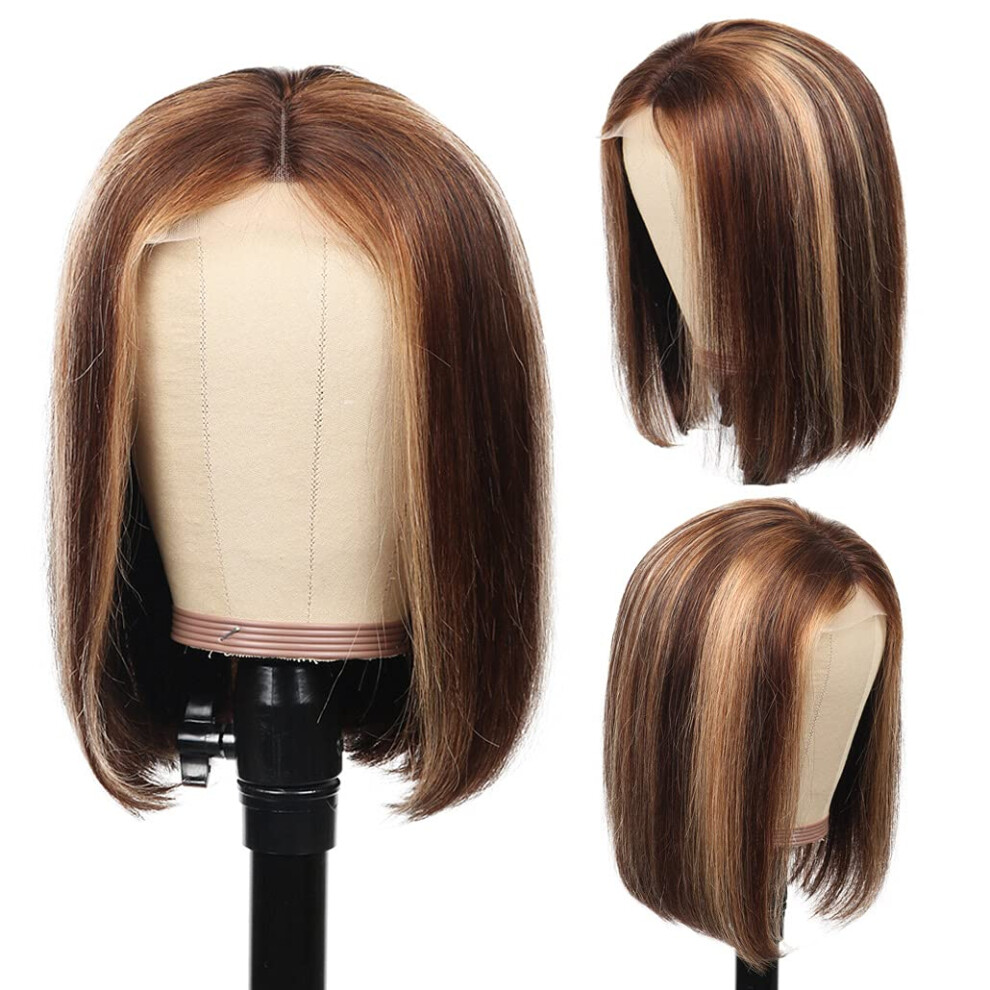 Human Hair Lace Front Wig Brazilian Bob Ombre Blonde 14 Inch Highlight P4/27 Straight