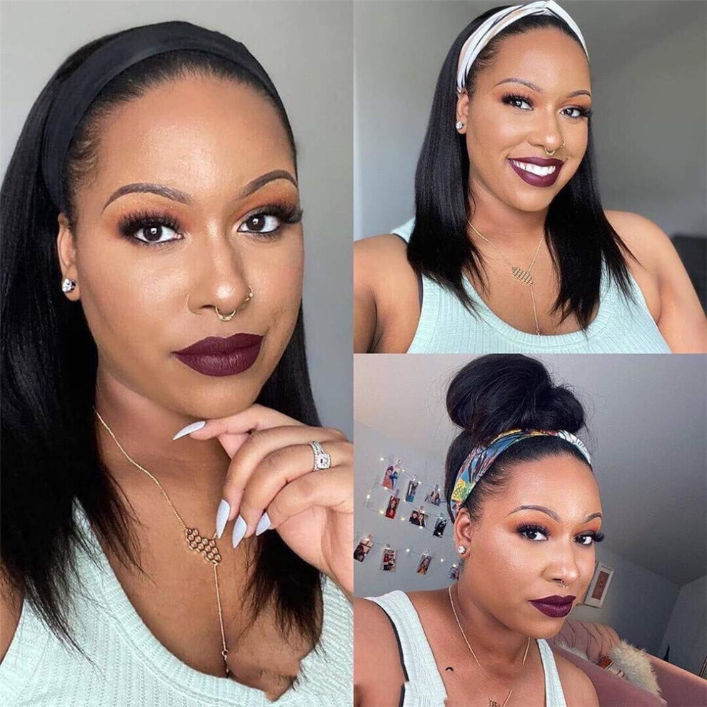 Straight Human Hair Headband Wig for Black Women Glueless Brazilian Virgin Hair Natural Look 14 Inch
