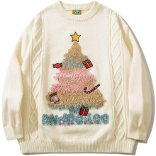Suéter natalino folgado feminino para outono/inverno, manga longa, com estampa de casal e árvore de Natal, gola redonda, tamanho GG, branco.