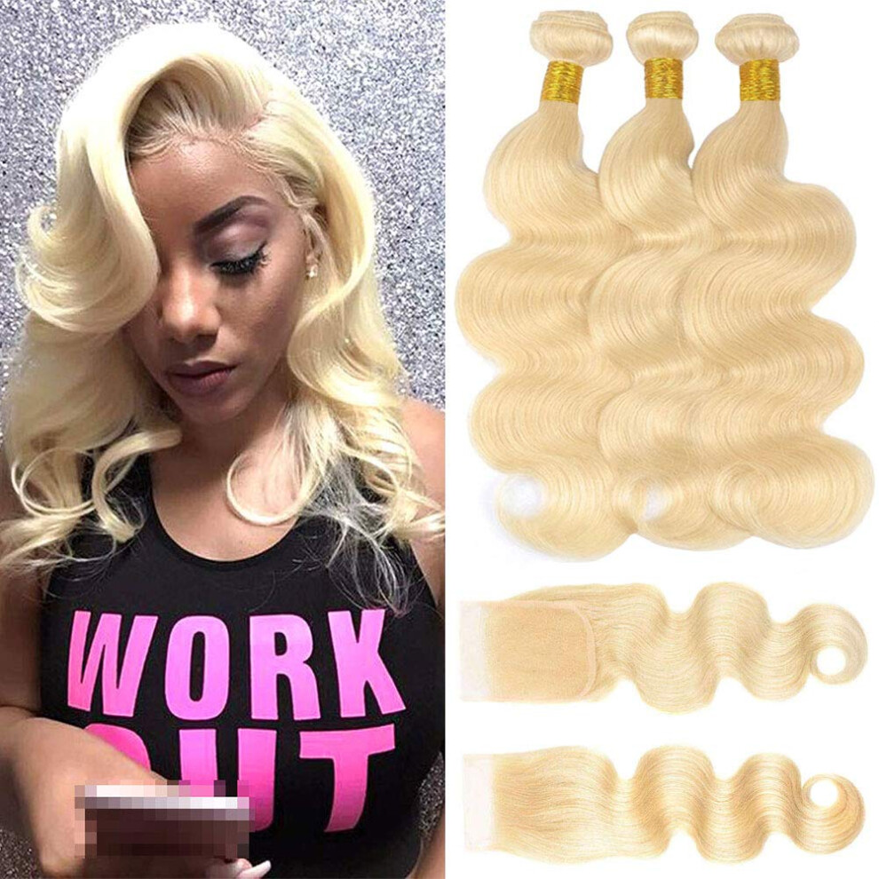 Unisex 613 Honey Blonde Body Wave Virgin Hair Bundles With Closure Brazilian Remy Human Hair Extensions