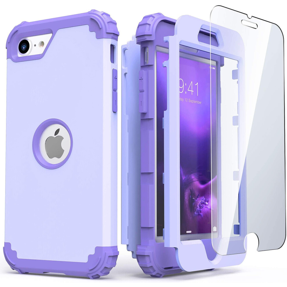 Compatible With Iphone Se 2022 2020 Case With Screen Protector, Heavy Duty 3-Layer Shockproof Design For Women And Girls, Purple 9773935874725