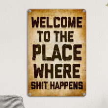 1 cartel metálico vintage divertido, decoración de pared para baño, póster "BIENVENIDO AL LUGAR DONDE TODO SUCEDE", decoración para bar,