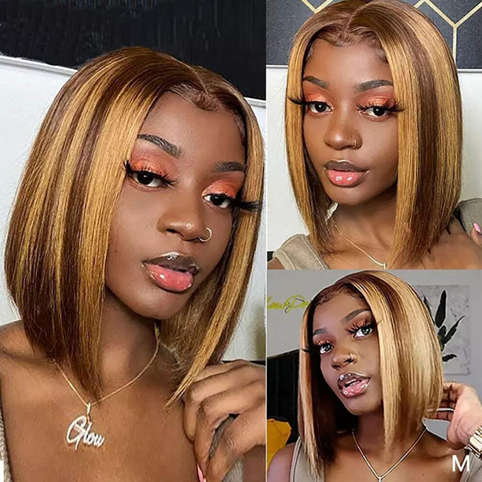 Unisex 12 Inch Highlight Bob Wig For Women, Heat Resistant Synthetic Hair With Honey Blonde Highlights