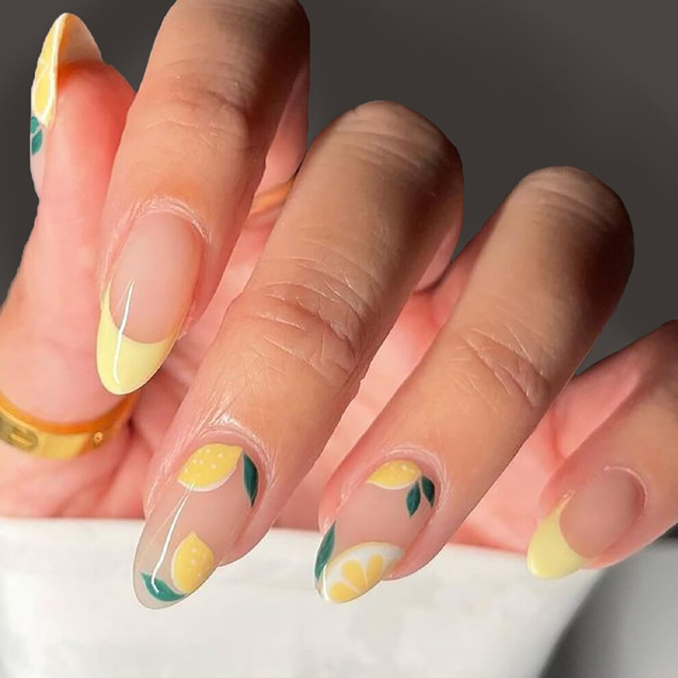 Almond Press On Nails Medium Fake Nails with French Tip Lemon Design Glossy Acrylic 24pcs