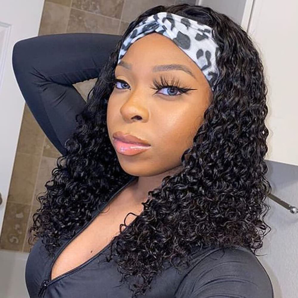 14 Inch Curly Headband Wig Human Hair 180 Density Glueless Natural Texture for Black Women
