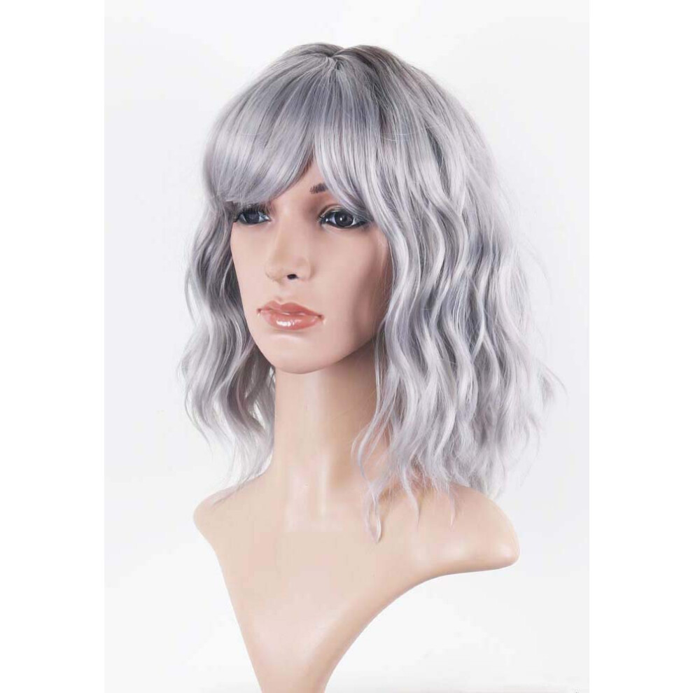 Unisex Brown,Grey Short Wavy Bob Wig With Bangs 14 Inch Ombre Brown To Grey Heatresistant Synthetic Hair