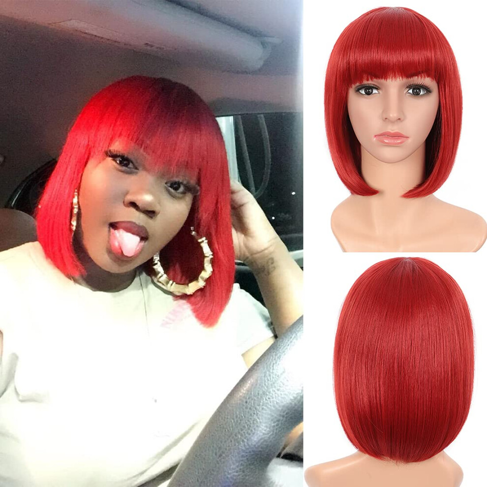 Unisex Red Bob Wig 12 Inch Short Straight With Bangs, Natural Yaki Texture, Heat Resistant Synthetic Hair