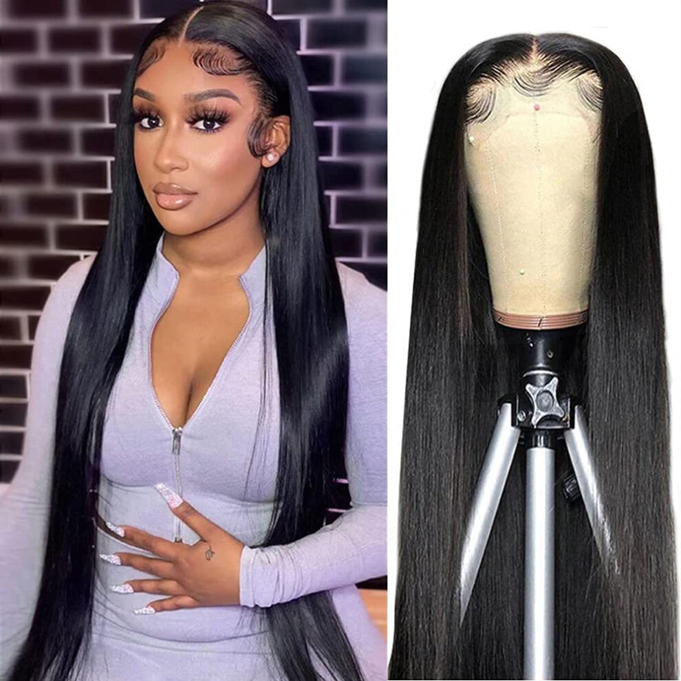 30 Inch Brazilian Straight Human Hair Lace Front Wig 13x4 Pre Plucked Hairline 150 Density