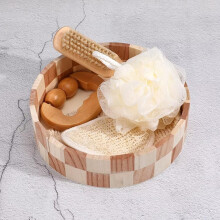 Natural Wood Bath Gift Set 5 Piece Spa Bath Kit with Pumice Brush, Gloves and Massage Tool