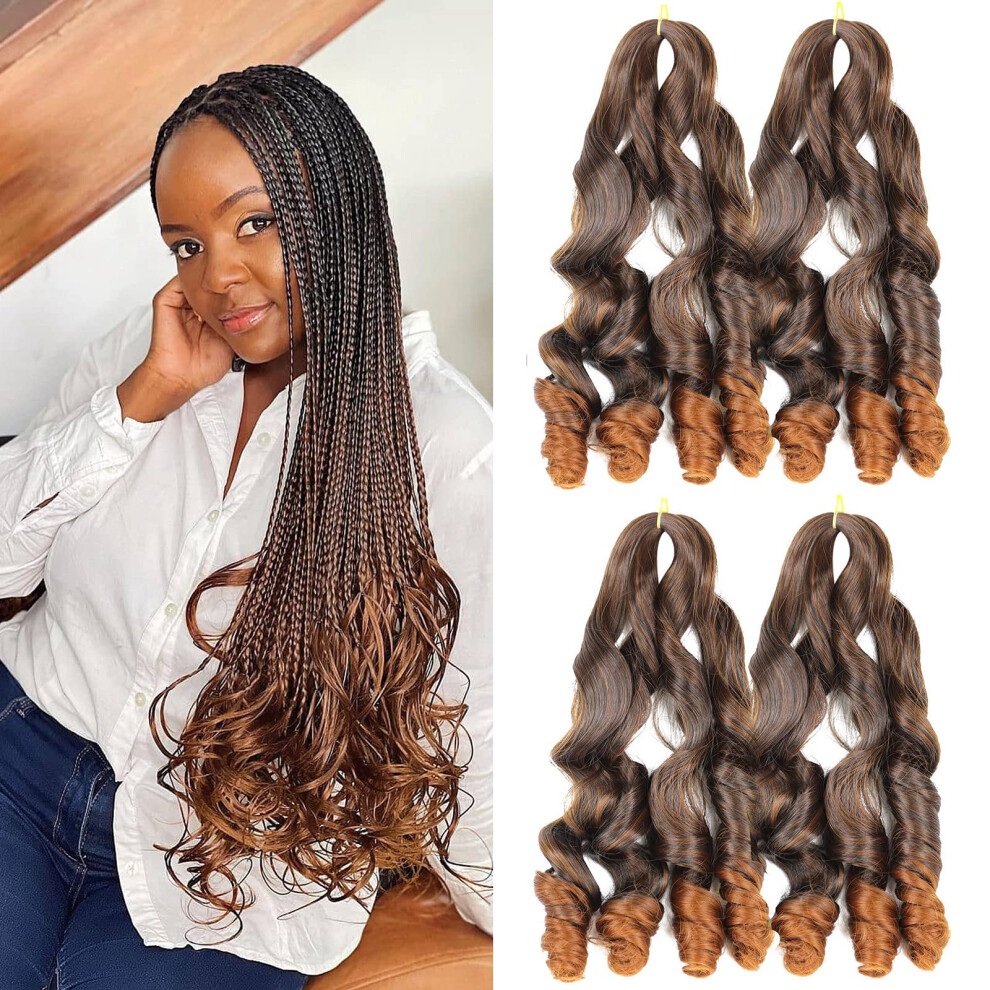 Unisex Brown 20 Inch French Curl Braiding Hair Ombre Crochet Braids Prestretched Synthetic Loose Waves 4 Packs