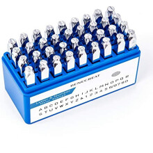 36-pack (5 mm 3/16 tum) metallstämplar med bokstäver och siffror och förvaringsbehållare. Elektropläterade metallstämplingsverktyg för