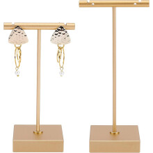 2-teiliger Ohrringständer aus reinem Metall in T-Form mit quadratischem Sockel (13 cm und 11 cm), goldener Schmuckhalter für Ausstellungen und