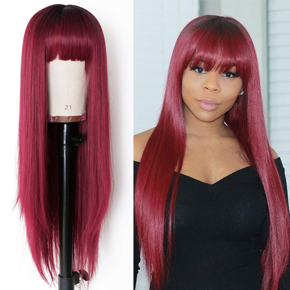 Unisex Red 99J Ombre Burgundy Human Hair Wig With Bangs, Glueless Straight 150% Density 18 Inch For Women