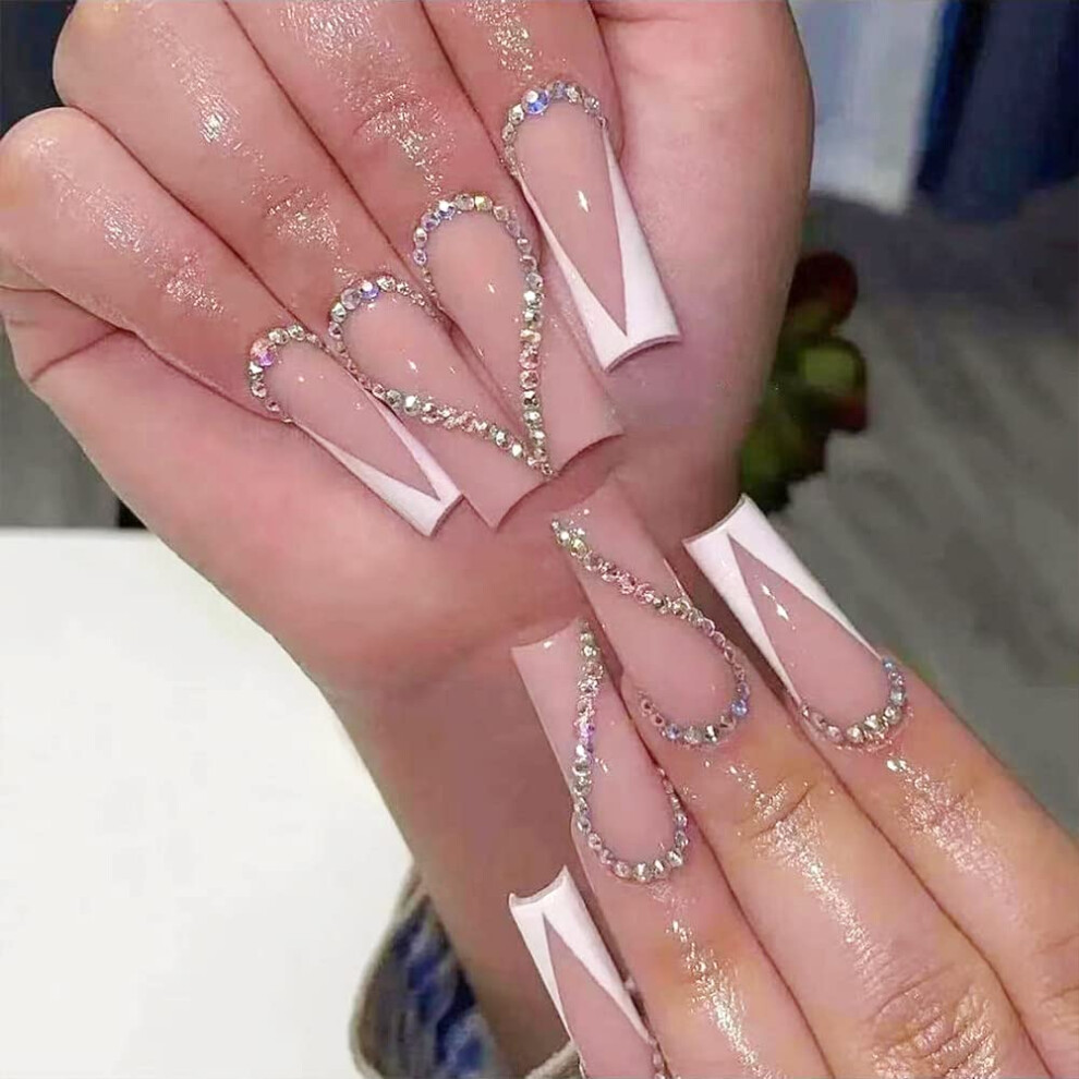 24PCS Long Glossy Coffin Press On Nails with AB Rhinestones, Reusable Full Cover Nail Kit