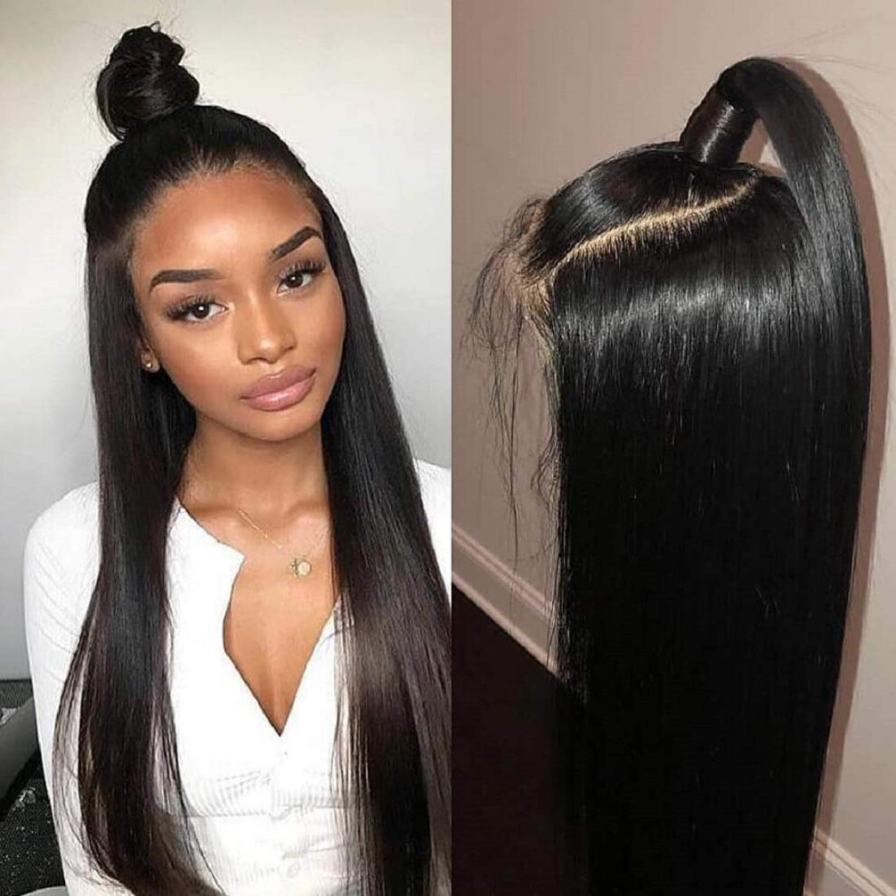 Unisex Black Brazilian Straight Human Hair Lace Front Wig 13X4 Glueless Pre Plucked For Women 16Inch