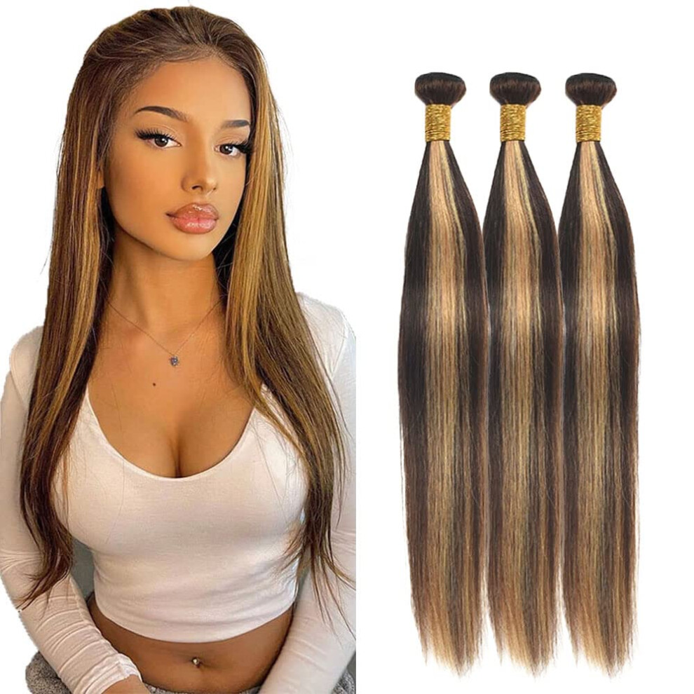 Unisex Brown Brazilian Remy Human Hair Bundles 26 28 30 Inch Ombre Highlight P4/27 Straight Weave Blonde