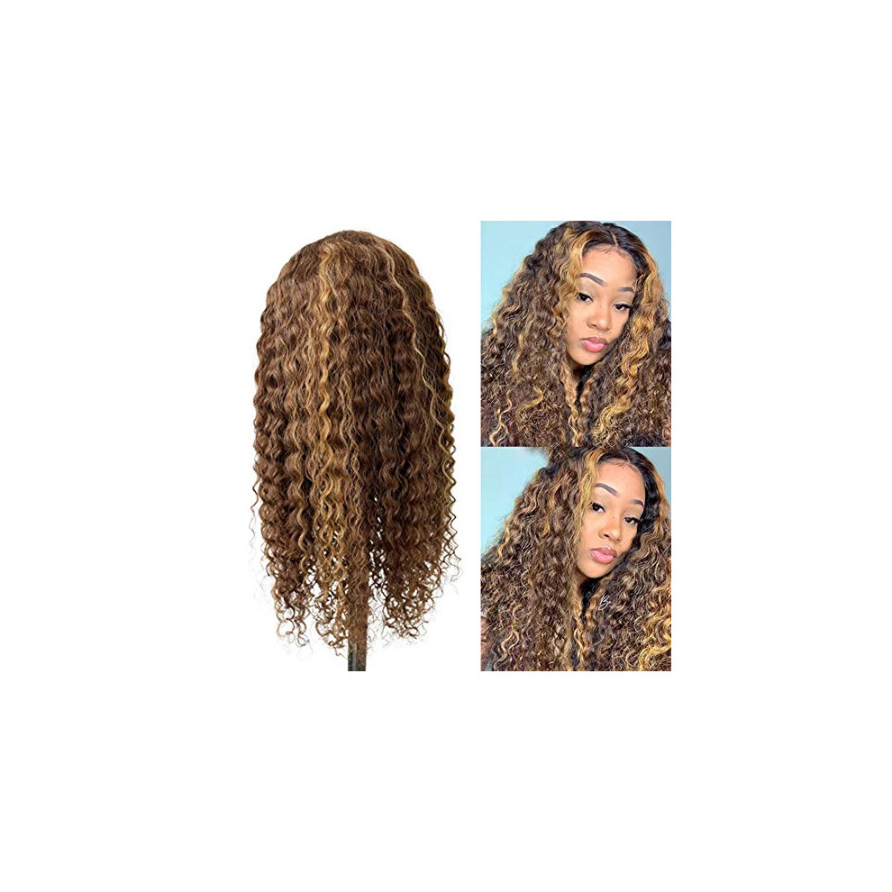 Unisex Human Hair Lace Front Wig 13X4 Honey Blonde Highlight Deep Wave 150% Density Natural Hairline