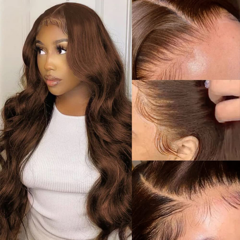 13x4 HD Transparent Lace Front Human Hair Wig Auburn Chestnut Body Wave 28 Inch 180 Density