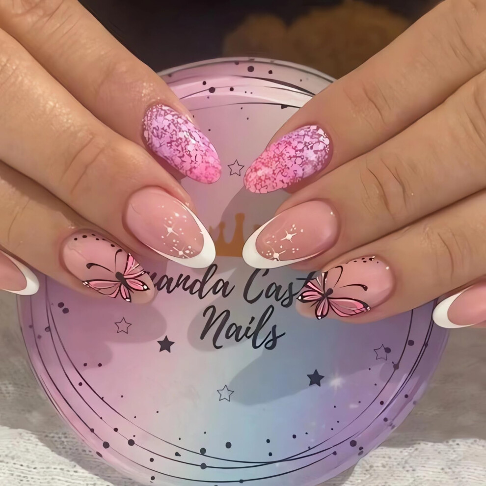 Pink Medium Almond Press On Nails Butterfly Fake Nails Glitter Acrylic Full Cover Reusable 24Pcs