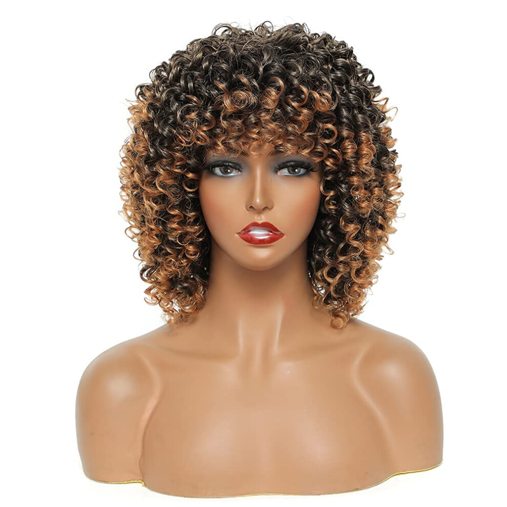 Unisex Light Afro Curly Wig Ombre Blonde 14 Inch With Bangs Heat Resistant Synthetic Full Volume