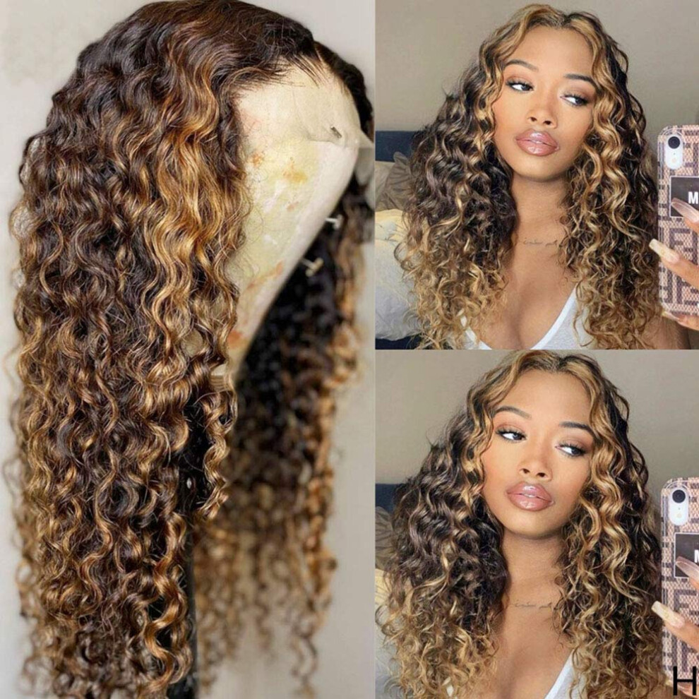 Unisex Human Hair Lace Front Wig 150% Density Highlight Curly 13X6 T Part Preplucked Hairline
