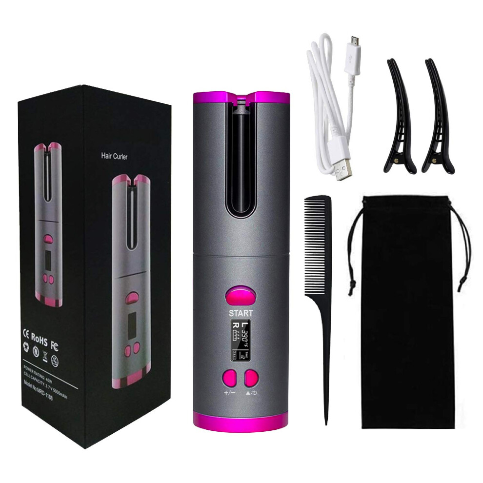 Cordless Automatic Hair Curler with Ceramic Barrel, AntiTangle System, USB Rechargeable for Travel