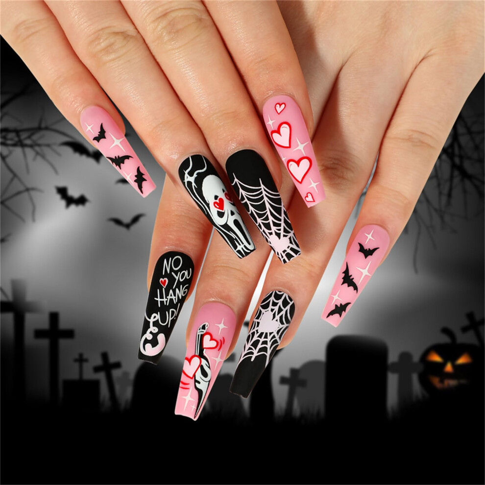 24pcs Long Ballerina Press On Nails Pink and Black Halloween Fake Nails for Women Girls