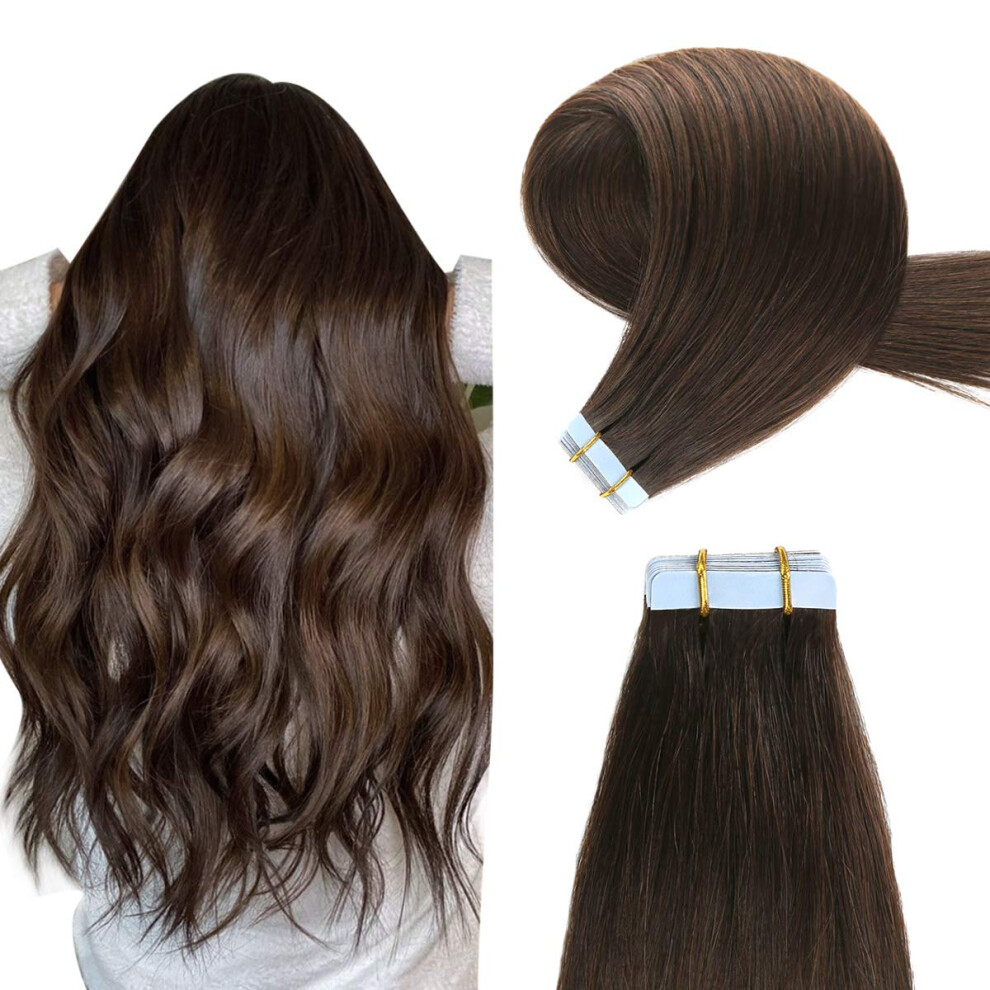 Unisex Brown Tape In Remy Human Hair Extensions Darkest Silky Straight 14 Inch 20Pcs Seamless Blend