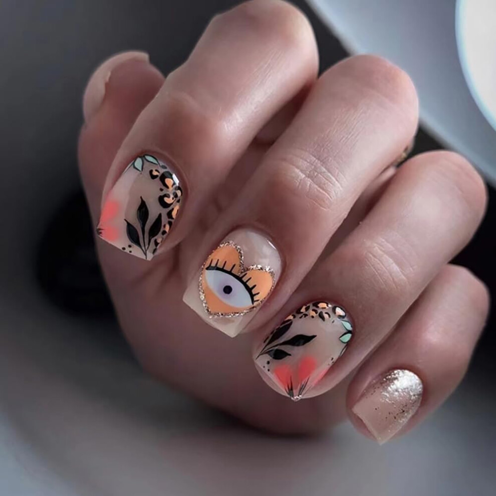 Cream Press On Nails Short Square Nude Glitter Ombre Fake Nails With French Tip And Floral Designs