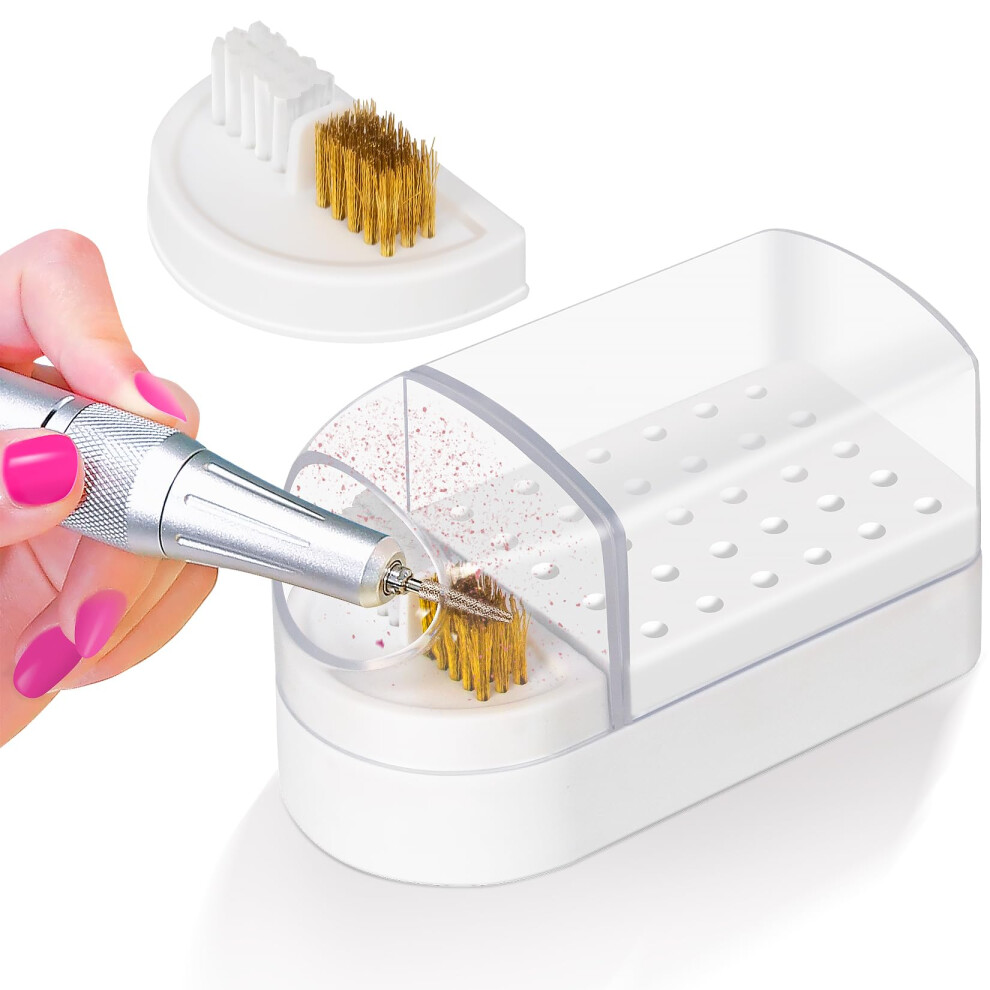 White Nail Drill Bits Holder 2 In 1 Dustproof Storage Box With Cleaning Brush, 30Hole Organizer Case