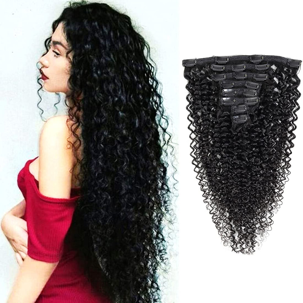 Unisex Human Hair Clip In Extensions Kinky Curly 100% Brazilian Double Weft Long 24 Inch 8Pcs