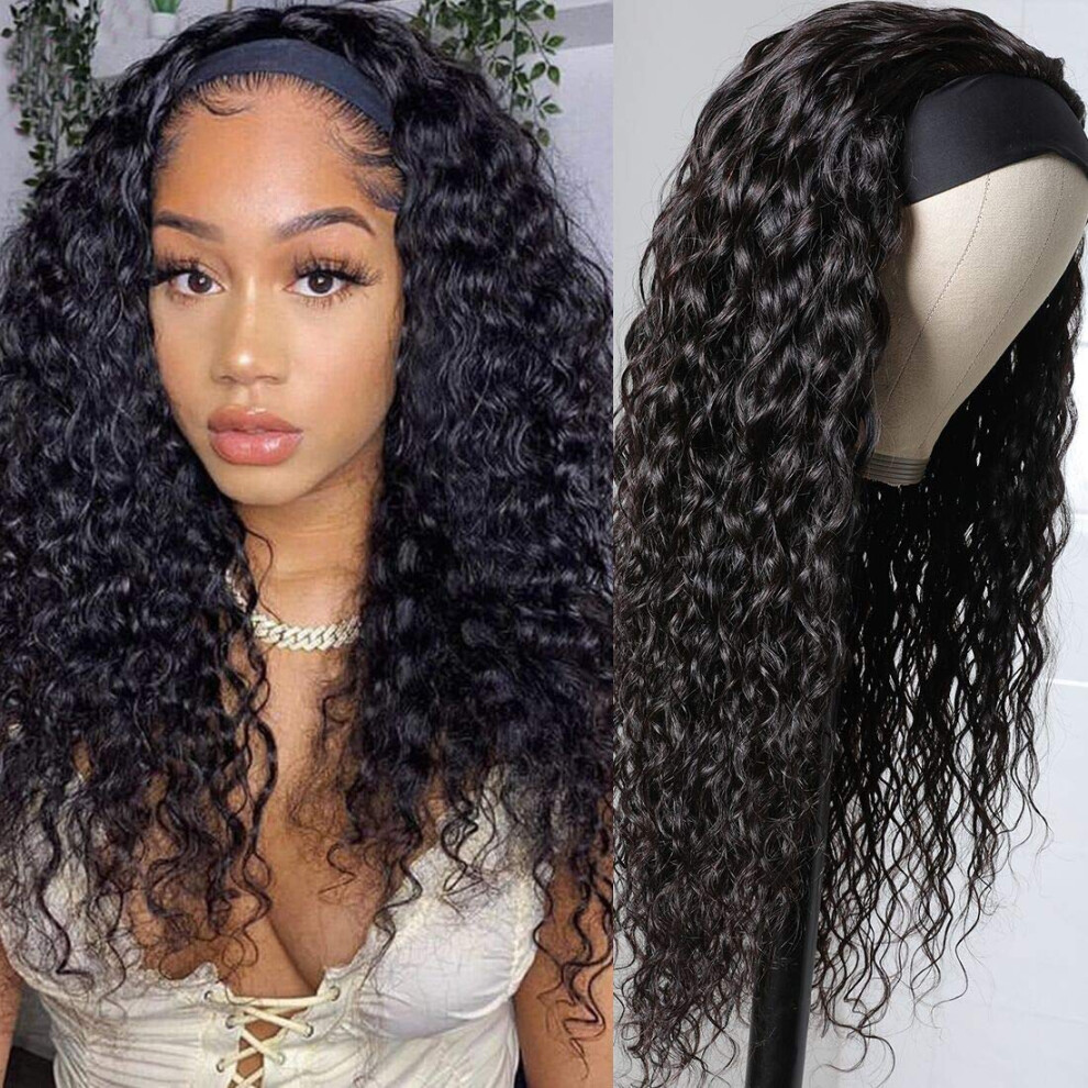 Unisex Black 24 Inch Water Wave Human Hair Headband Wig Brazilian Virgin Remy Glueless Natural 150% Density