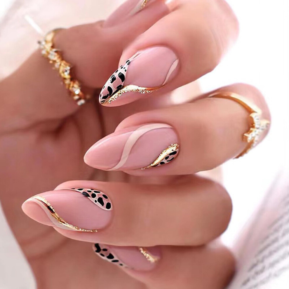 Leopard Print Press On Nails Pink Glossy Almond Fake Nails Reusable Full Cover with Glue 24pcs