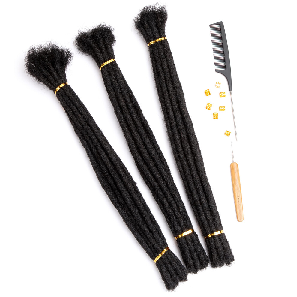 Unisex Black Human Hair Dreadlock Extensions Natural 16 Inch Handmade Remy Locs Bleach And Dye Ready