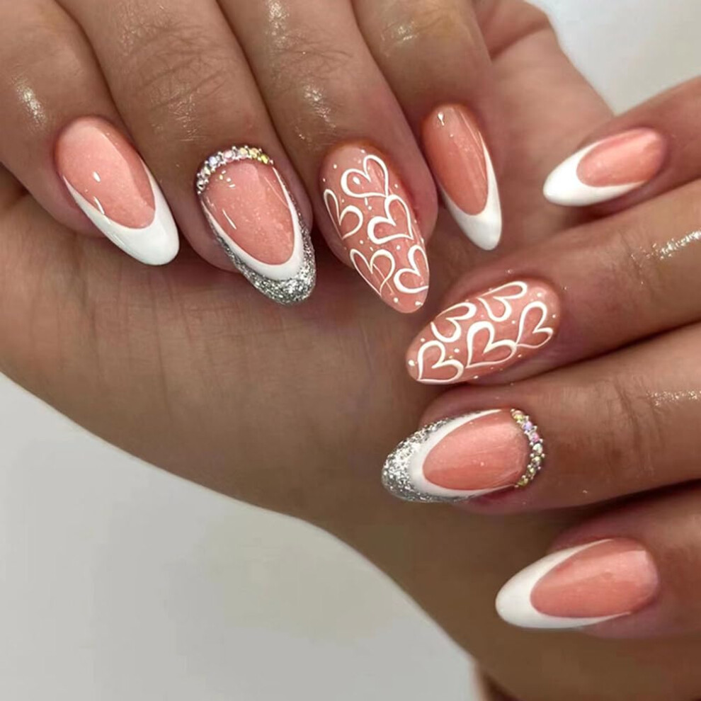 Pink 24Pcs Short Almond Press On Nails Light Fake Nails With Rhinestones And Glitter, Reusable Kit