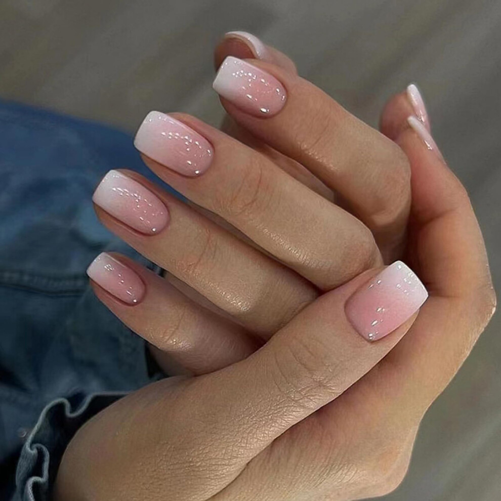 Pink,White,Cream Nude Pink White Gradient Press On Nails Medium Length Glossy Acrylic Fake Nails 24Pcs Set