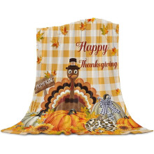 Plaid dinde de Thanksgiving, polaire à carreaux orange et blanc - 127 x 203 cm, couverture douce, chaude et légère pour canapé, sofa, lit