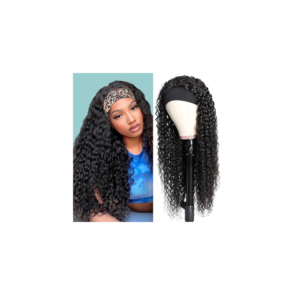 18 Inch Brazilian Human Hair Headband Wig Glueless Deep Wave Curly for Women Natural Black