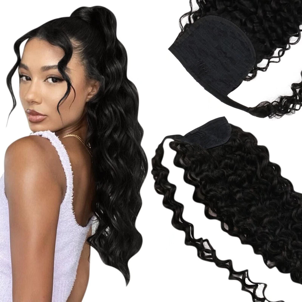 Unisex Black Curly Human Hair Ponytail Extension With Natural Texture, Long Wrap Around Hair Piece 22In 80G