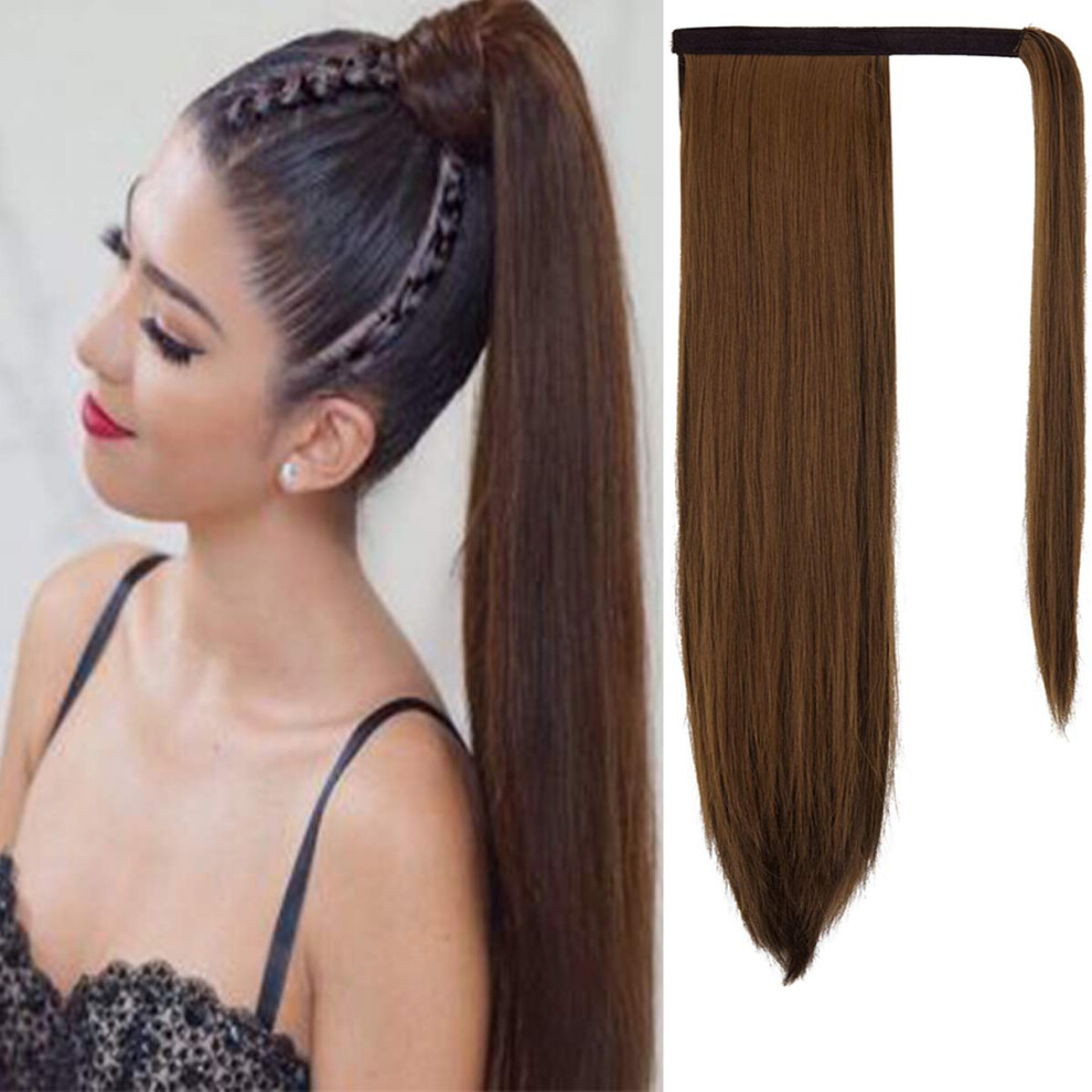 20 inch Long Straight Ponytail Extension Wrap Around Clip in Hairpiece Synthetic Fiber for Women Dark Brown Mix Light Auburn
