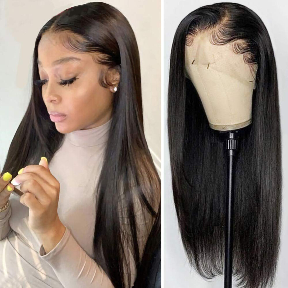 Unisex Black 13X6 Lace Front Wig Brazilian Human Hair Silky Straight Pre Plucked 1B Off 18 Inch