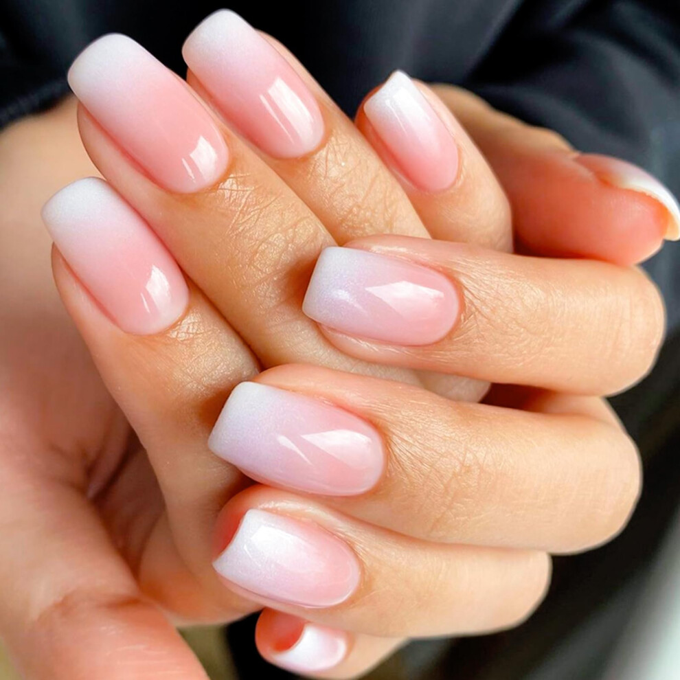 Cream Ombre Nude Press On Nails Short Square Acrylic Fake Nails Glossy Gradient Instant Salon Look